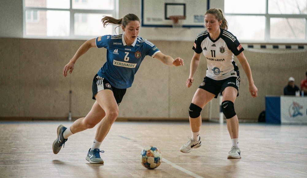 Handballer in loopbeweging die de bal met een hand op de vloer stuit tijdens een aanval, met een verdediger vlak naast zich