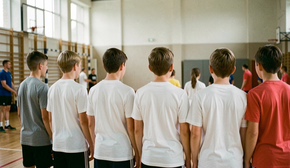 Jonge handbalspelers van verschillende leeftijden die naast elkaar in een gymzaal staan te wachten op het begin van een training