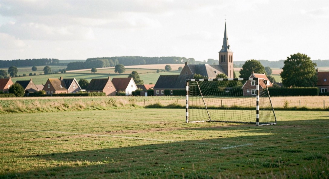 Grasveld met handbaldoel aan de rand van een Zuid-Limburgs dorp, glooiende akkers en een kerktoren op de achtergrond
