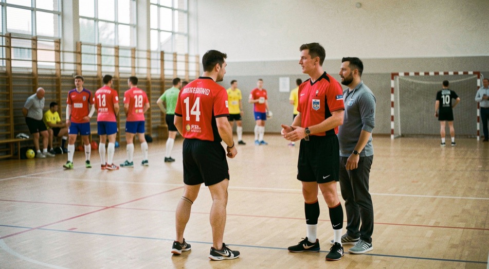 Twee handbalscheidsrechters die tijdens een onderbreking bij de middenlijn overleggen terwijl de spelers op de achtergrond wachten