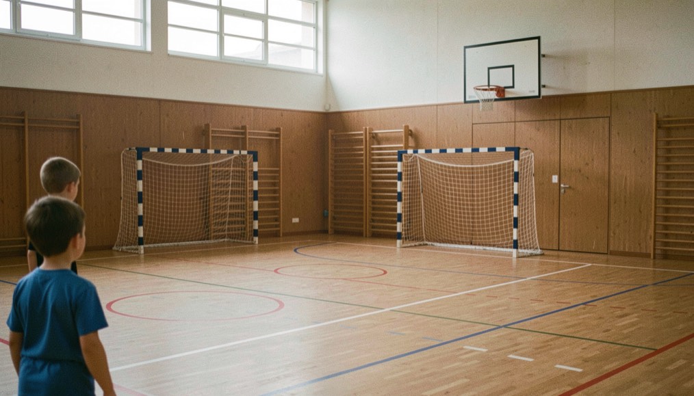 Kinderen van een jaar of acht die in een gymzaal op een klein veld met verplaatsbare doeltjes een partijtje handbal spelen