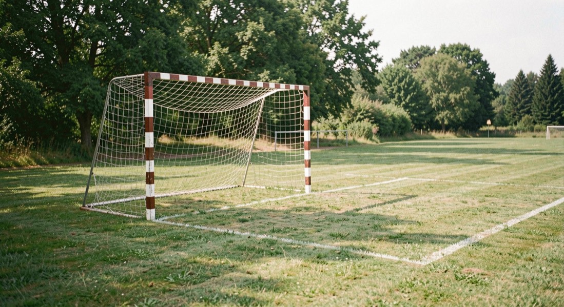 Veldhandbaldoel op een gemaaid grasveld in de zomer met een gemarkeerde doelgebiedlijn en bomen langs de rand van het terrein