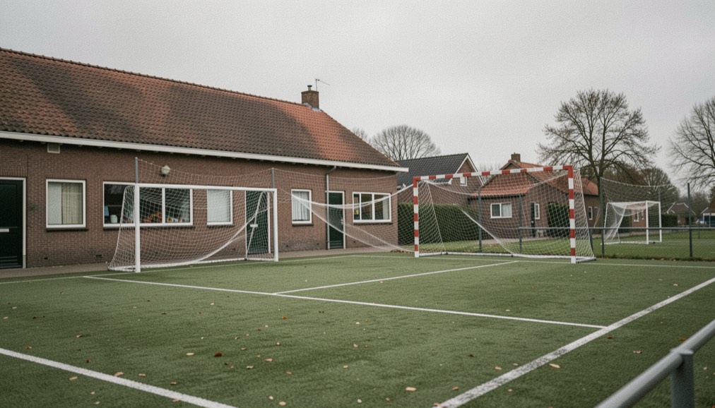 Een handbalveld op gras naast een dorpsgymzaal, met vervaagde witte belijning en doelnetten die bewegen in de wind onder een bewolkte lucht