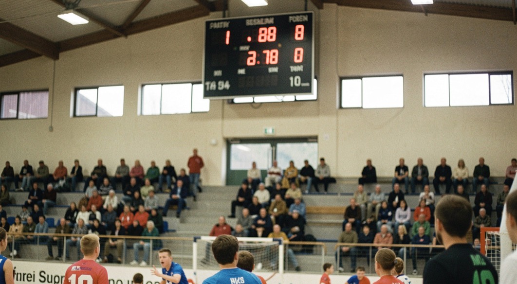 Een laptop op de houten tafel van een kantine, open op een verenigingspagina, met daarnaast een handbal en een notitieblok, zacht licht van een raam rechts in beeld.