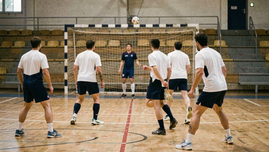 Een jeugdhandballer droogt de handpalmen af aan een handdoek op de wisselbank in een verlichte sporthal, bal naast de voeten, gezichtsvlak vanaf de zijlijn.